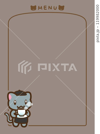 シンプルなコーヒーを運ぶ猫店員付きメニュー枠線縦長型その19 119982000
