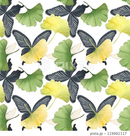 Ginkgo leaves, black Swallowtail butterfly, creamy insect wings seamless pattern isolated on white background. Hand-painted detailed watercolor perfect for textile, scrapbook, wrapping paper, packages 119982117