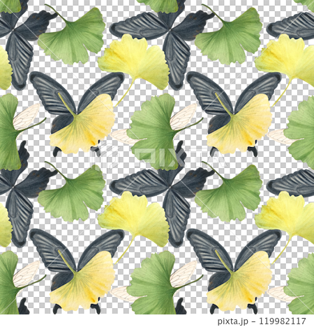 Ginkgo leaves, black Swallowtail butterfly, creamy insect wings seamless pattern isolated on white background. Hand-painted detailed watercolor perfect for textile, scrapbook, wrapping paper, packages Ginkgo leaves, black Swallowtail butterfly, creamy insect wings seamless pattern isolated on white background. Hand-painted detailed watercolor perfect for textile, scrapbook, wrapping paper, packages 119982117