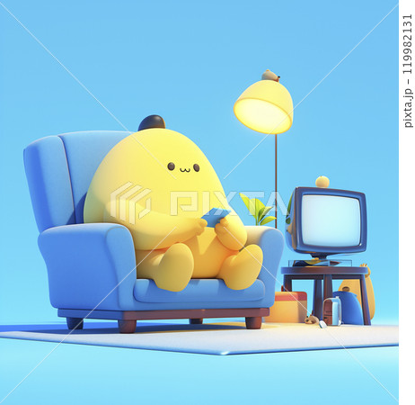 黄色いキャラクターが椅子に座ってスマホを見ている 119982131