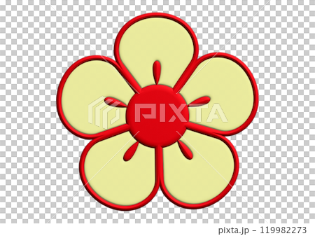 梅花圖示材料，花瓣淡黃色，花心紅色。日式風格設計的 3D 插圖 119982273