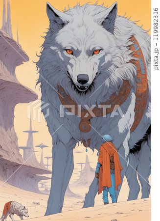 宇宙の果ての星で赤い目をした白い巨大なオオカミが立ちはだかっている