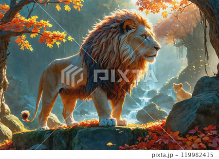 森の中にある滝の前の岩の上にライオンの親子が立っている「AI生成画像」 119982415