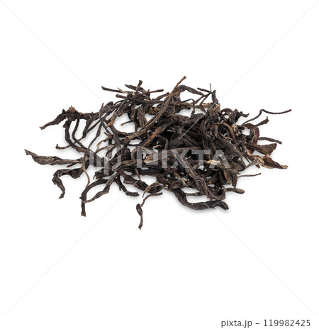 Dried tea leaves isolated on white background. Dried tea leaves isolated on white background. 119982425