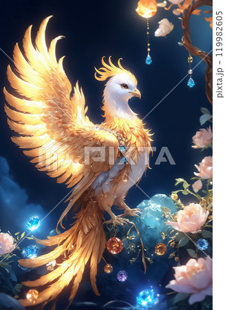 ピンクの花と宝石が散りばめられた岩の上で羽を広げているフェニックス「AI生成画像」 119982605