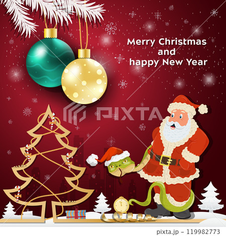 Christmas and New Year greetings Christmas balls hang on tree branches a snake wraps around Santa Claus Christmas and New Year greetings Christmas balls hang on tree branches a snake wraps around Santa Claus 119982773