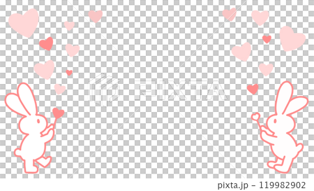 Hand-drawn line drawing of a rabbit in love flying hearts 119982902