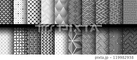 Geometric set of seamless black and white patterns. Simple vector graphics. 119982938