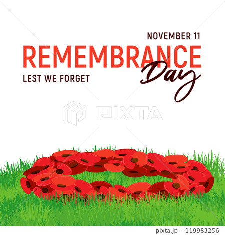 Traditional symbol of Remembrance Day on November 11. Vector illustration for Poppy Day in the UK. Wreath of paper poppies lies on green grass. Flat style Anzac Day. 119983256
