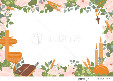 Rectangular horizontal frame with First Communion symbols. Vector. Golden wine cup, Grail, bread, Bible, rosary, wine, white roses, candles and crucifix. Clipart for First Communion invitations. Rectangular horizontal frame with First Communion symbols. Vector. Golden wine cup, Grail, bread, Bible, rosary, wine, white roses, candles and crucifix. Clipart for First Communion invitations. 119983267