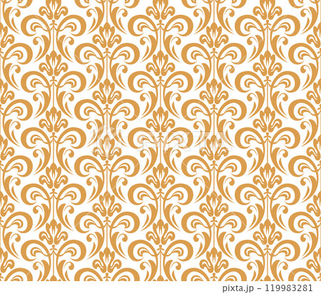 Wallpaper in the style of Baroque. Seamless vector background. White and golden floral ornament. Graphic pattern for fabric, wallpaper, packaging. Ornate Damask flower ornament Wallpaper in the style of Baroque. Seamless vector background. White and golden floral ornament. Graphic pattern for fabric, wallpaper, packaging. Ornate Damask flower ornament 119983281