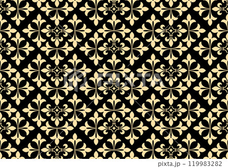 Flower geometric pattern. Seamless vector background. Golden and black ornament. Ornament for fabric, wallpaper, packaging. Decorative print Flower geometric pattern. Seamless vector background. Golden and black ornament. Ornament for fabric, wallpaper, packaging. Decorative print 119983282