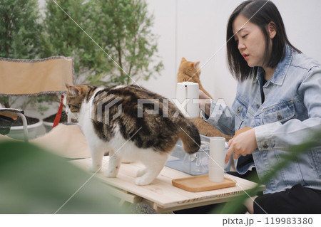 people activity concept with asian woman happy feeling for drip and drink coffee at home with her cat 119983380