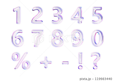 3d glass holographic liquid transparent numbers font from 0 to 9, percent sign, question mark, exclamation, plus and minus symbol. Rainbow glossy balloons with gradient texture render. 3D illustration 119983440