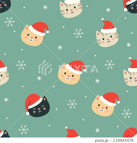Seamless pattern with cat faces in red Christmas hats. Vector graphics 119983476