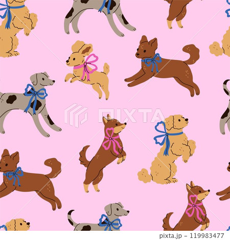 Seamless pattern with cute dogs with colorful ribbons on their necks. Vector graphics. Seamless pattern with cute dogs with colorful ribbons on their necks. Vector graphics. 119983477