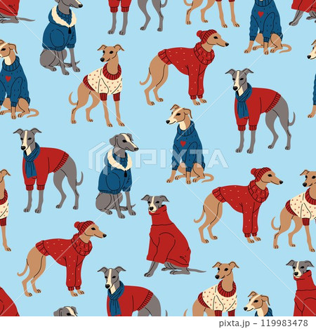 Seamless pattern with greyhounds in clothes. Vector graphics. 119983478