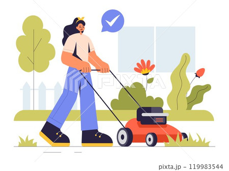 Lawn Mower Vector Illustration Featuring Grass Cutting, Trimming, and Care in a Summer Gardening Flat Style Cartoon Background 119983544