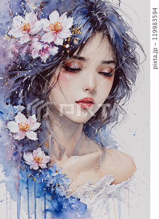 髪に白い花の髪飾りを付けた目を瞑っている女性「AI生成画像」 119983594