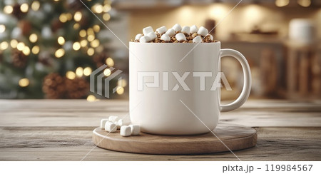Cozy winter warmth. Hot chocolate in a white mug with marshmallows for holiday comfort Cozy winter warmth. Hot chocolate in a white mug with marshmallows for holiday comfort 119984567