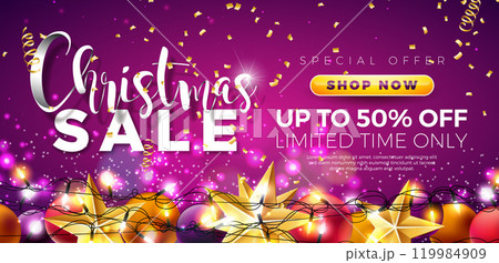 Christmas Sale Design with Ornamental Ball and Falling Confetti on Shiny Purple Background. Holiday Vector Business Illustration with Special Offer Typography Elements for Coupon, Voucher, Banner Christmas Sale Design with Ornamental Ball and Falling Confetti on Shiny Purple Background. Holiday Vector Business Illustration with Special Offer Typography Elements for Coupon, Voucher, Banner 119984909