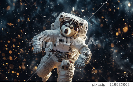 宇宙服を着て宇宙空間にいるシベリアンハスキー 119985002