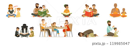 Religious People Characters of Different Religion with Kids Vector Set 119985047