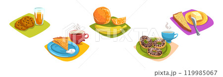 Different Breakfast Served Food and Meal Vector Set 119985067
