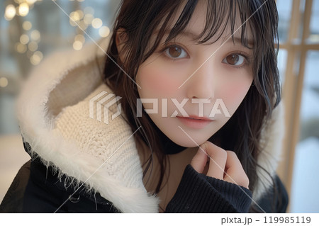 雪景色に映えるふんわりコートを着たグラビアアイドル 119985119
