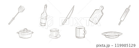 Kitchen Utensils and Kitchenware Hand Drawn Item and Object Vector Set 119985129
