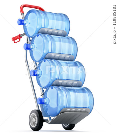 Hand truck with four water dispenser bottles - 3D illustration 119985181