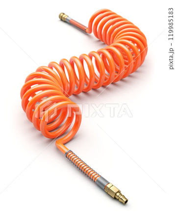 Spiral orange color pneumatic hose for compressed air on the floor - 3D illustration Spiral orange color pneumatic hose for compressed air on the floor - 3D illustration 119985183