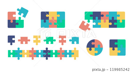 ジグソーパズルのベクターイラストセット。カラフルなインフォグラフィック素材。 119985242