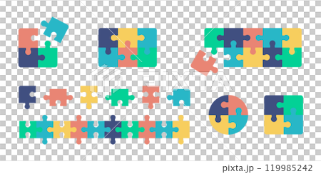Jigsaw puzzle vector illustration set. Colorful infographic elements. 119985242