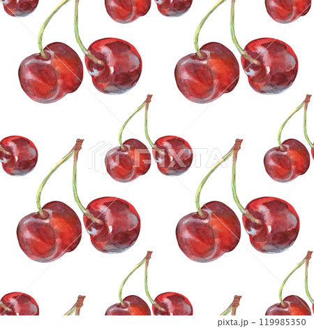 Pattern seamless of cherry bunches with leaves hand drawn in watercolor. Ripe berries on branches of berry bushes, trees. Berries are painted very brightly red, burgundy, purple and green colors. This 119985350