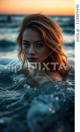 Portrait of a beautiful girl with red hair in the sea. 119985448