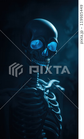 A skeleton in a dark room with smoke. 119985449