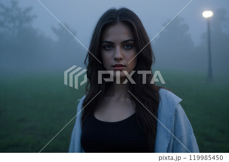 Portrait of a beautiful young woman against a misty field 119985450