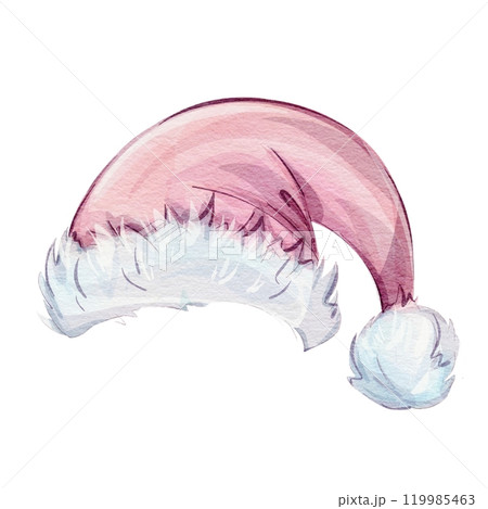 Adorable and Cute Pink Santa Hat Featuring a Soft White Fur Trim for Festive Cheer. New Year accessory to spread holiday cheer 119985463