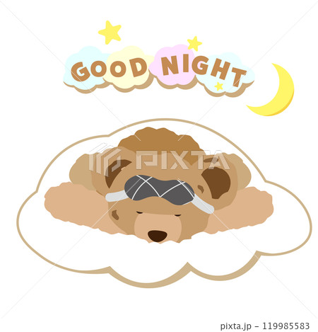 GOOD NIGHTの文字とうつ伏せで眠るクマのぬいぐるみのベクターイラスト 119985583