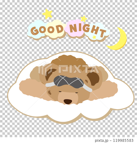 GOOD NIGHTの文字とうつ伏せで眠るクマのぬいぐるみのベクターイラスト 119985583