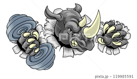 Rhino Rhinoceros Warthog Pig Weight Lifting Mascot 119985591