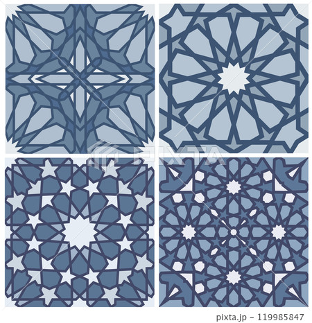 Set of intricate Islamic geometric patterns in blue shades for traditional decor. Seamless pattern set. 119985847