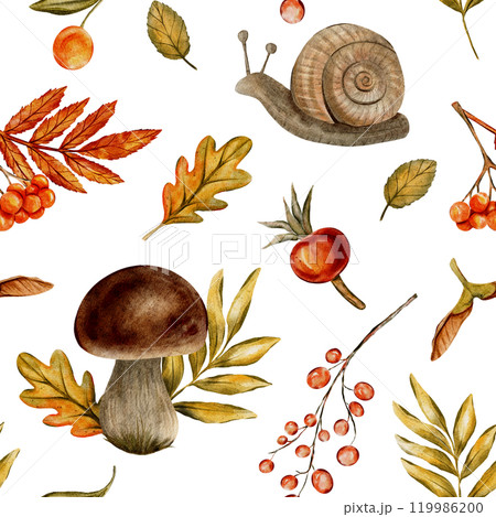 Seamless autumn watercolor pattern with hand drawn snails, mushrooms, leaves, berries, and acorns. Perfect for creating seasonal designs, textiles, packaging, and digital background inspired by nature 119986200