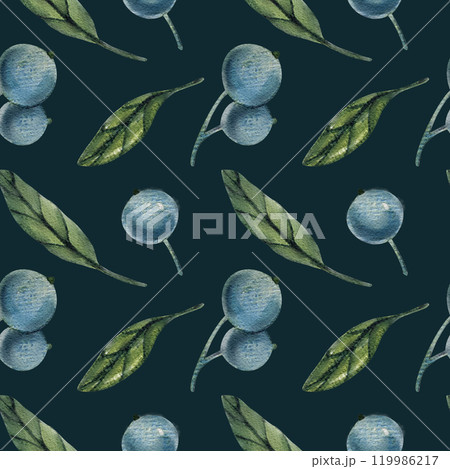 Seamless pattern with watercolor blueberry branches, botanical illustration featuring green leaves and berries. Ideal for natural designs, organic products, decor. Soft, detailed, realistic artwork. 119986217