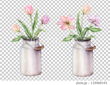 Pastel multi-colored set of bud bouquet Tulips in metal can watercolor illustration isolated on background. Hand drawn delicate perennial bulbous pink yellow purple flower for spring design or card. 119986345
