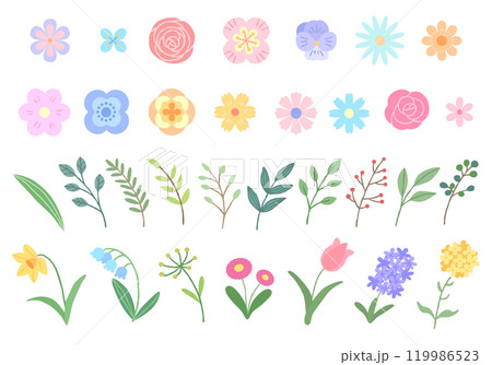 春の花と葉っぱ イラストセット 春の花と葉っぱ イラストセット 119986523