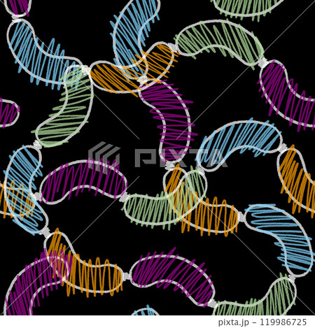 黒バックにカラフルにアレンジしたソーセージのパターン 119986725