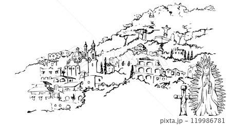 South Central America mountain slope, city buildings houses trees, religious monument Holy Virgin statue. Hand drawn ink vector illustration, isolated scenic landscape for travel, vacation, brochure 119986781