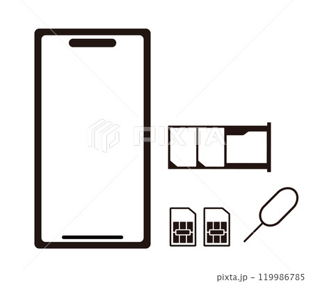 スマートフォン　デュアルSIMとカードトレイとピン　正面 119986785